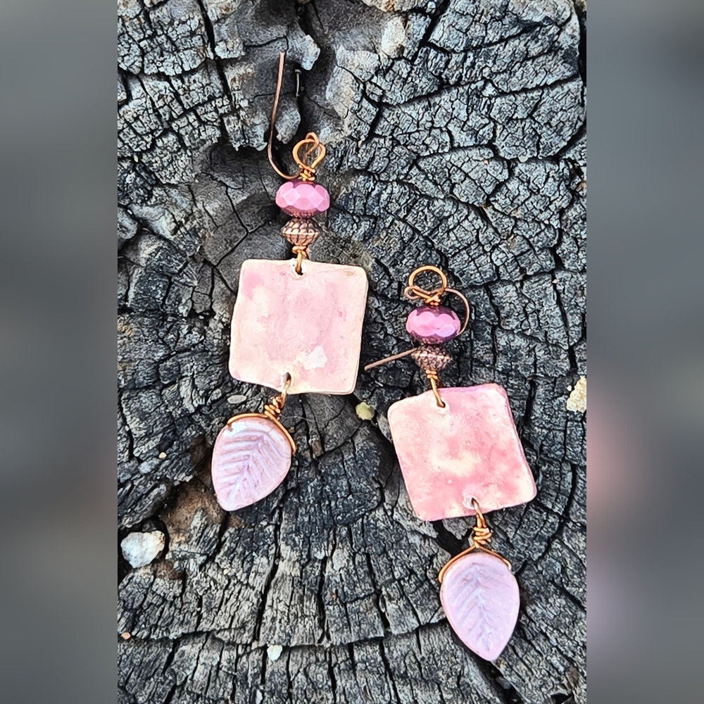 Handcrafted Romantic Rustic Pink Flowers In Clay & Glass In Copper Earrings - Picture 3 of 10